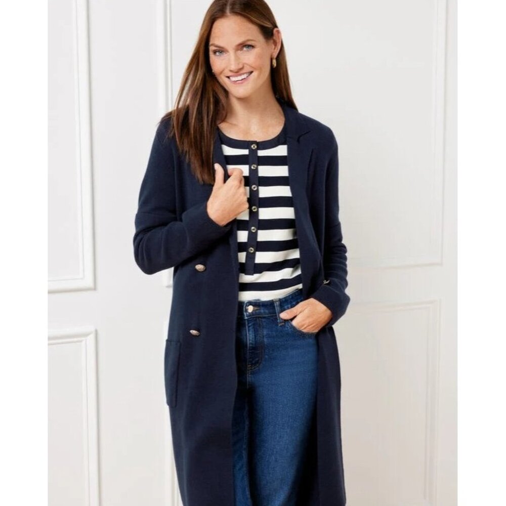 Talbots Double Breasted Duster Cardigan Sweater Coatigan Navy Blue M Medium NWT